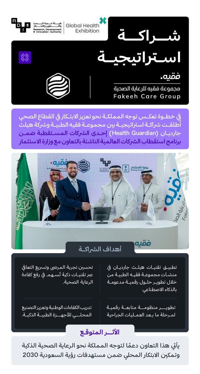 شراكة استراتيجية بين مجموعة فقيه الطبية وشركة Health Guardian لتطبيق حلول رقمية مدعومة بالذكاء الاصطناعي وتعزيز الأجهزة الطبية الذكية تواكب توجهات #ملتقى_الصحة_العالمي نحو مستقبل صحي مبتكر!