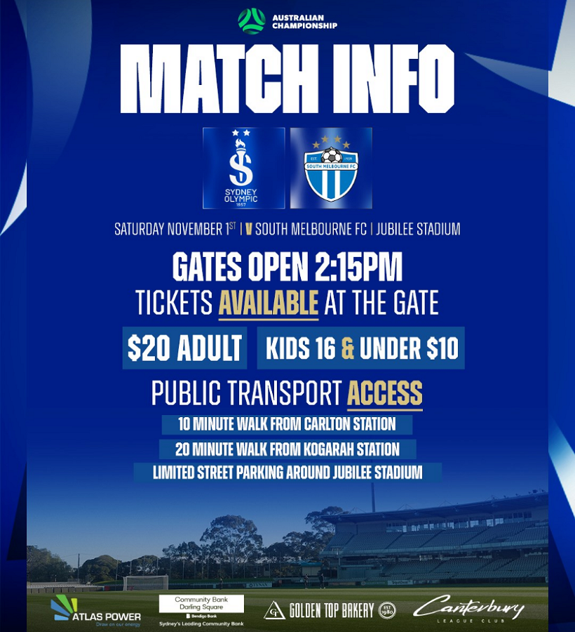 After a good victory last week, which saw us keep our 2025 Australian Championship campaign alive, Sydney Olympic is back at home as we take on old rivals South Melbourne in Matchday 4

When - This Saturday Afternoon, November 1 @ 3.15pm

Where - Kogarah Oval

Ola Mesa &amp; Get Down