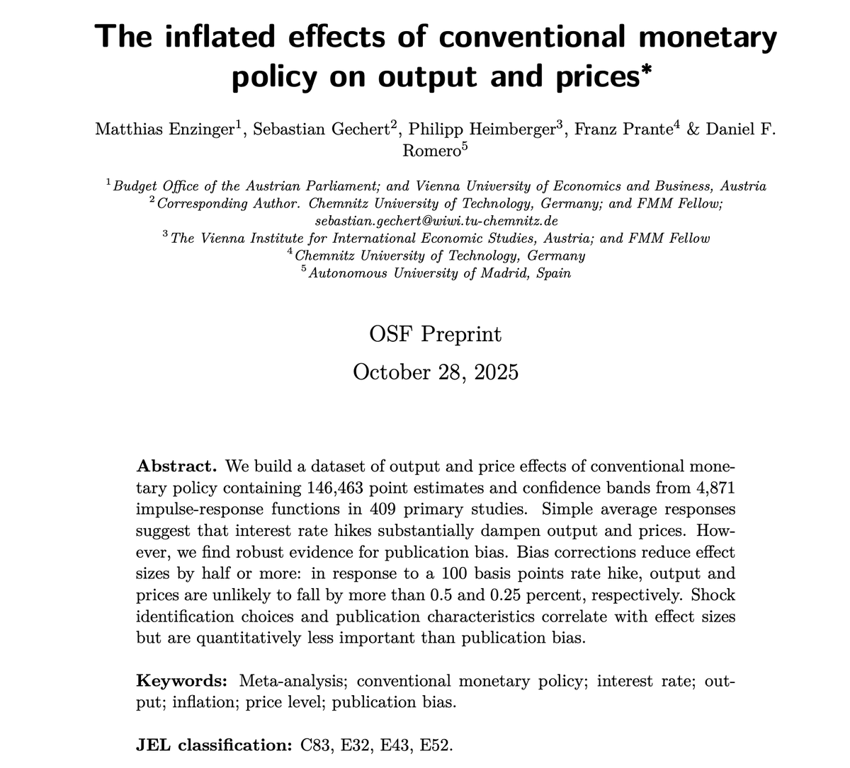 We updated our paper on the effects of monetary policy on output and prices (thanks for great feedback). We show that results reported in the literature are plagued by p-hacking and publication bias, leading to inflated effects of interest rate hikes.