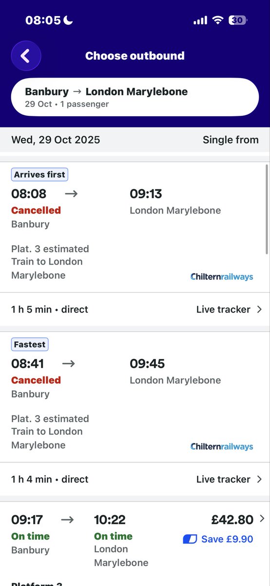 cwaldron1203's tweet photo. @chilternrailway how come the 09:17 is running perfectly fine but the two previous trains are cancelled?!? I’ve had to miss my university because of these silly cancellations that clearly aren’t effecting many trains https://t.co/E8P764Czkk