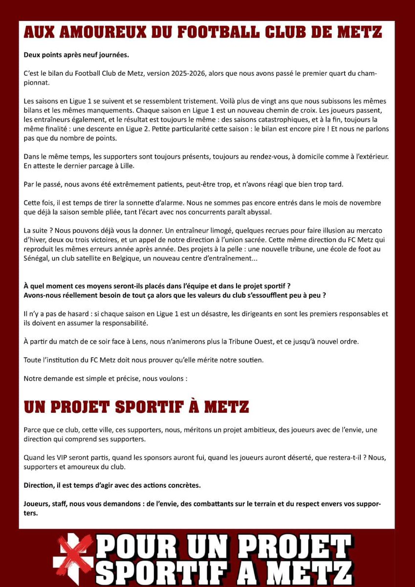 UltrasMadeinFR's tweet photo. 📣 Le communiqué de la Gruppa Metz ! https://t.co/3xo5KhRcTs