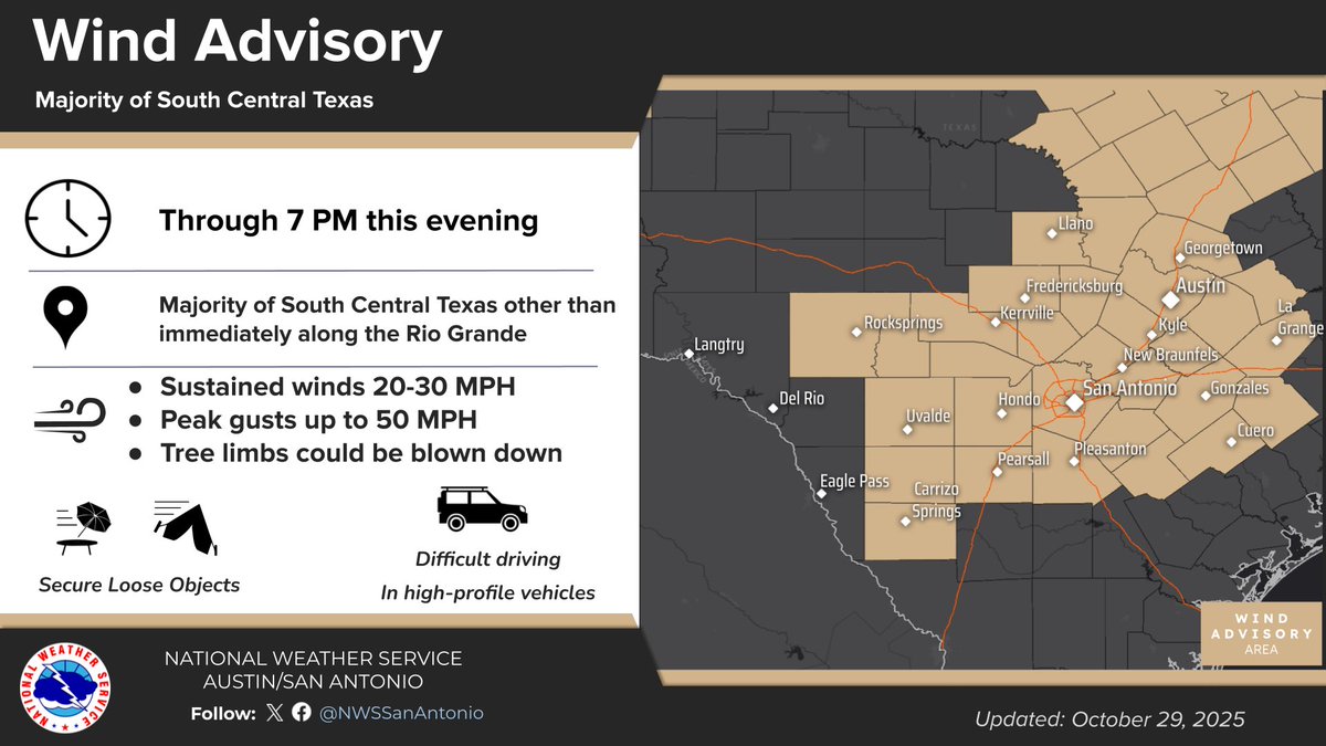 Today sunny, windy, cooler. Winds from the north 20-30 mph gusts up to 50 mph. Cooler with highs from near 60 to mid 70s. A Wind Advisory remains in effect through 7 pm this evening. Secure loose objects and holiday decorations. Avoid outdoor burning.