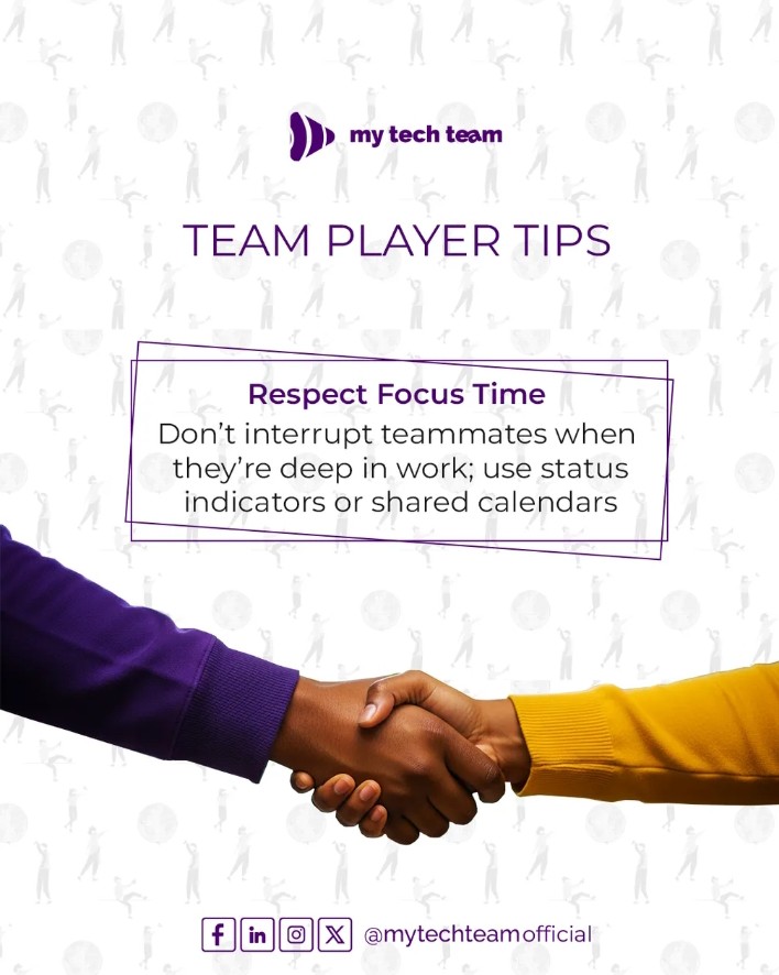 mytechteam's tweet photo. 🤝 Team Player:Respect Focus Time
​Before you tap someone on the shoulder or send that chat,check their status indicator or shared calendar.Showing you respect their focus time is a huge part of being a great teammate and boosts team productivity overall!
 #FocusTime
#MyTechTeam https://t.co/DCJgbqnB8q