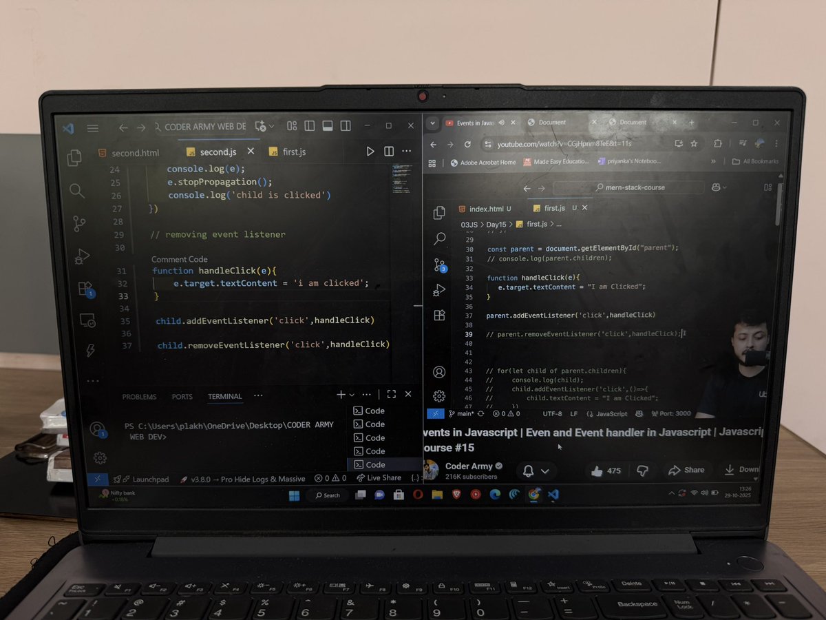 codewithpri's tweet image. Day 30 of WEB DEVELOPMENT ✅🫡
Finally completed the Events topic in JavaScript. 🤜🏻🤛🏻
Learnt what events actually are, how they’re created, their different types, bubbling, and even how to remove them. It was such an interesting concept :D
Feeling good after catching up 😌…