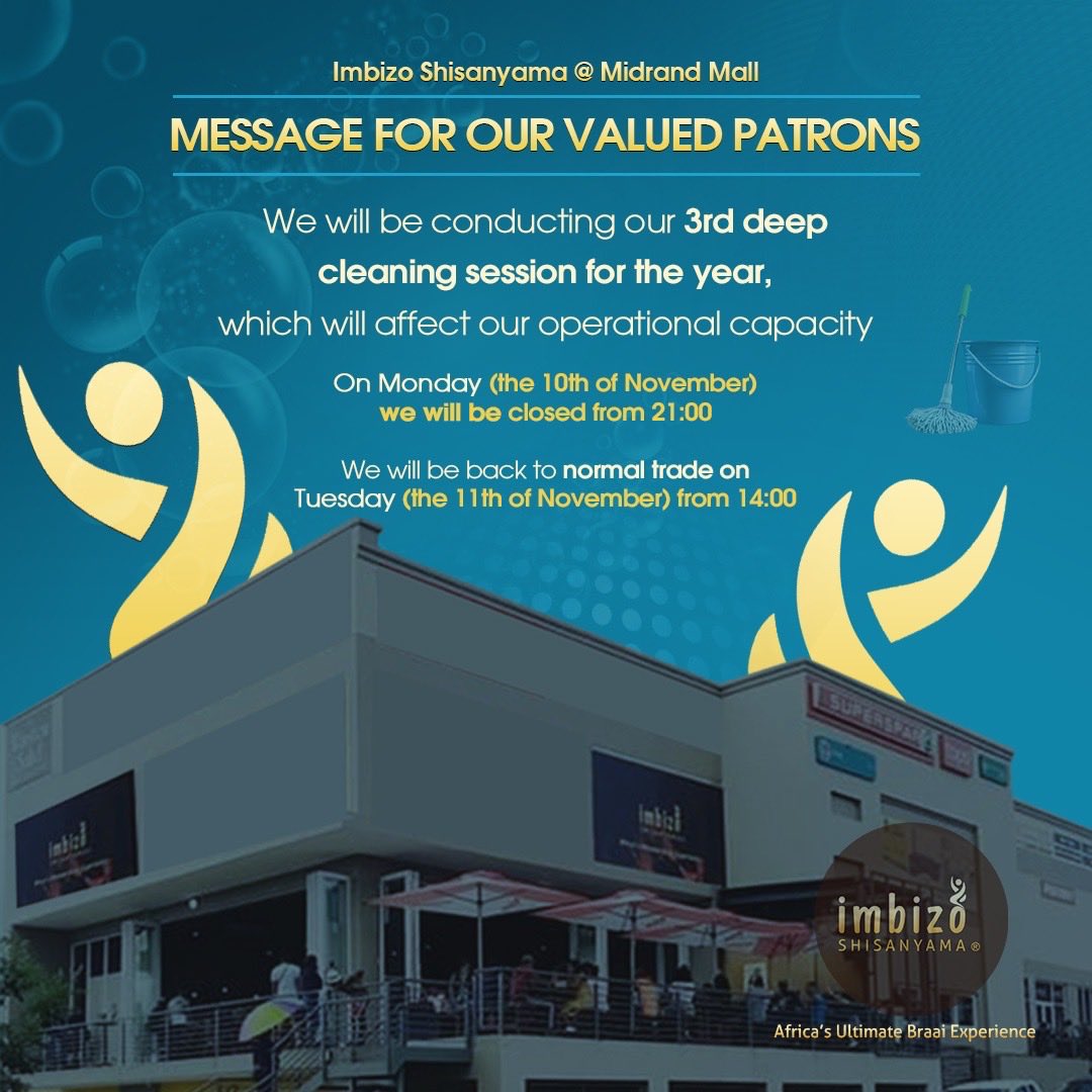 ISatMidrandMall's tweet image. #springcleaning 🧹 🧼 
___________________
#ImbizoShisanyama
Africa’s Ultimate Braai Experience!®