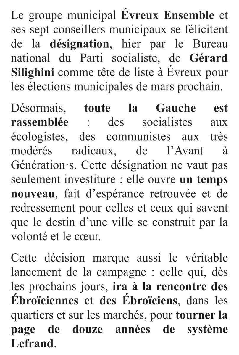 #Municipales2026 
À Évreux, Gérard Silighini a été désigné tête de liste pour les municipales. Il rassemble le PS, le PCF, Les Écologistes, LRDG, le PRG, L'Après et Génerations
