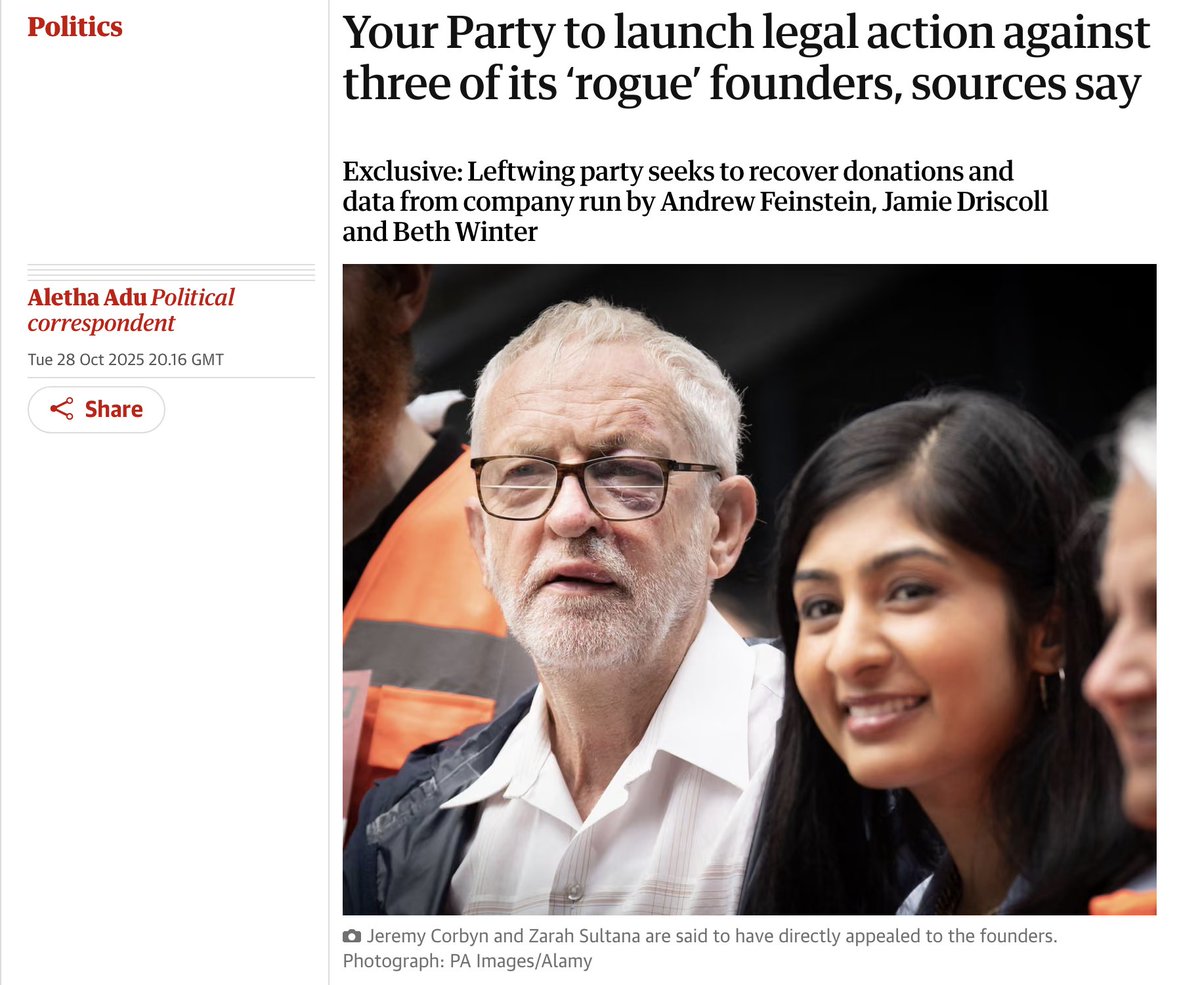 Ash Sarkar (@ayocaesar) on Twitter photo Since mid-Sept, there have been at least 3 threats of legal action lobbed in various directions between Your Party's founders. Aside from anything else โ who's gonna see that and think "Yep, this looks like an organisation to which I want to devote my precious and limited time!" Since mid-Sept, there have been at least 3 threats of legal action lobbed in various directions between Your Party's founders. Aside from anything else โ who's gonna see that and think "Yep, this looks like an organisation to which I want to devote my precious and limited time!"