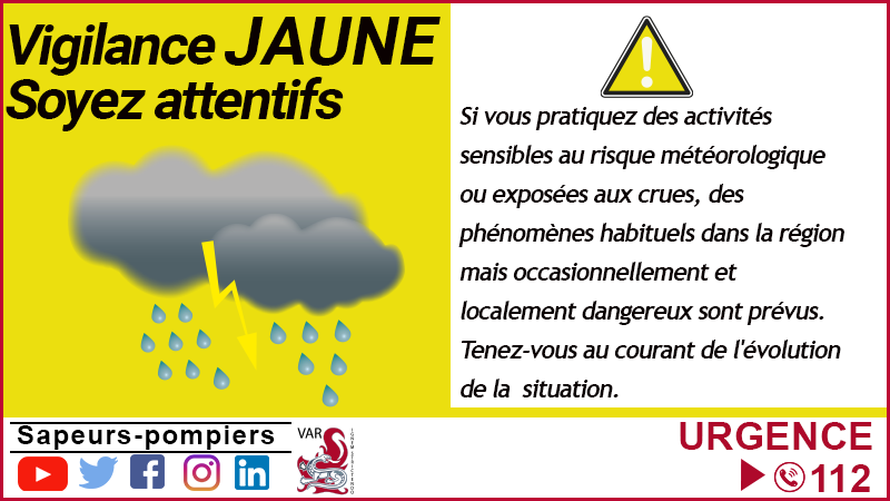 #MÉTÉO83 
🟡 A partir de minuit, Météo-France place le département en vigilance JAUNE pluie-inondation et orages jusqu'à jeudi matin.
⚠️ Prudence dans vos déplacements.
📌 Ces prévisions peuvent évoluer en cours de journée ➡ Restez informés 👉swll.to/yHp2zK