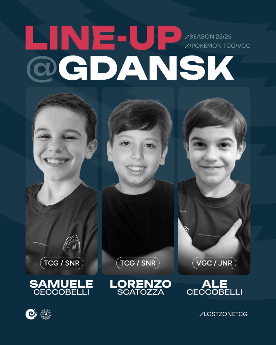 Lucca Comics took its toll 😅 and after last weekend’s Lille Regional, the team’s taking a short break!
Only the youngest survive: Samu and Lollo are off to Poland for TCG, while Ale marks LostZone’s VGC debut! 🇵🇱🔥

#PokemonTCG #PokemonVGC #PlayPokemon