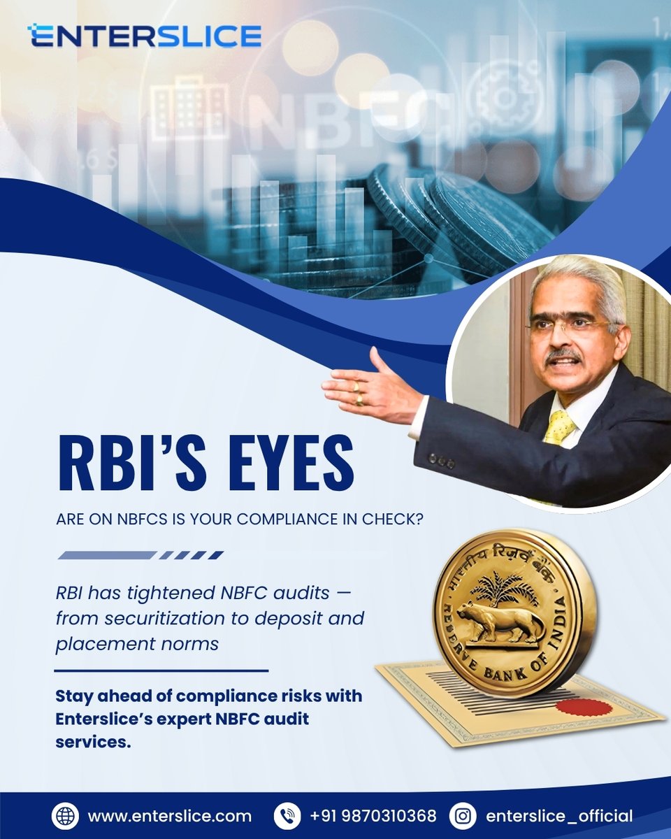 Enterslice's tweet image. In 2025, compliance isn’t a choice - it’s survival.
RBI’s regulatory net is tighter than ever.
Enterslice helps NBFCs stay ahead, compliant, and confident.
#NBFC #RBI #FinancialAudit #Compliance #Enterslice