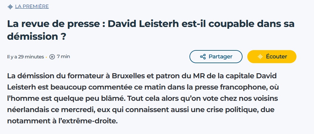 En Belgique, démissionner, c’est rare — donc suspect.
<a href="/LeisterhDavid/">David Leisterh</a>  a choisi la lucidité — et c’est lui qu’on blâme ?
Le vrai problème, ce ne sont pas ceux qui partent, mais ceux qui s’accrochent à leurs postes comme si le pouvoir leur appartenait.
Le commentaire politique