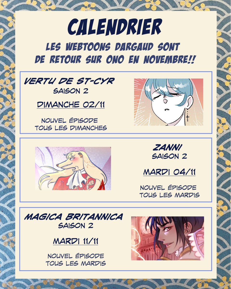 Nos ✨fabuleuses✨ séries webtoon sont de retour en novembre sur <a href="/Onoofficiel/">ONO</a> !!
Retrouvez VERTU DE ST-CYR saison 2 dès dimanche!
Plus d’enjeux, plus de drame, plus d’amour: vous allez vous RÉ-GA-LER!