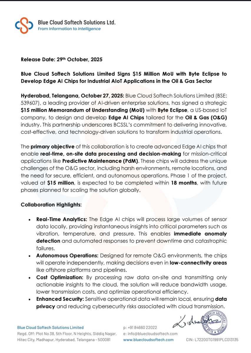 tejas485585's tweet image. 💥 #BlueCloudSoftech inks a $15M MoU with Byte Eclipse to build Edge AI chips for Oil &amp;amp; Gas 🛢️—boosting real-time monitoring, predictive maintenance &amp;amp; safety across industrial ops 🚀📊.
#StockMarket