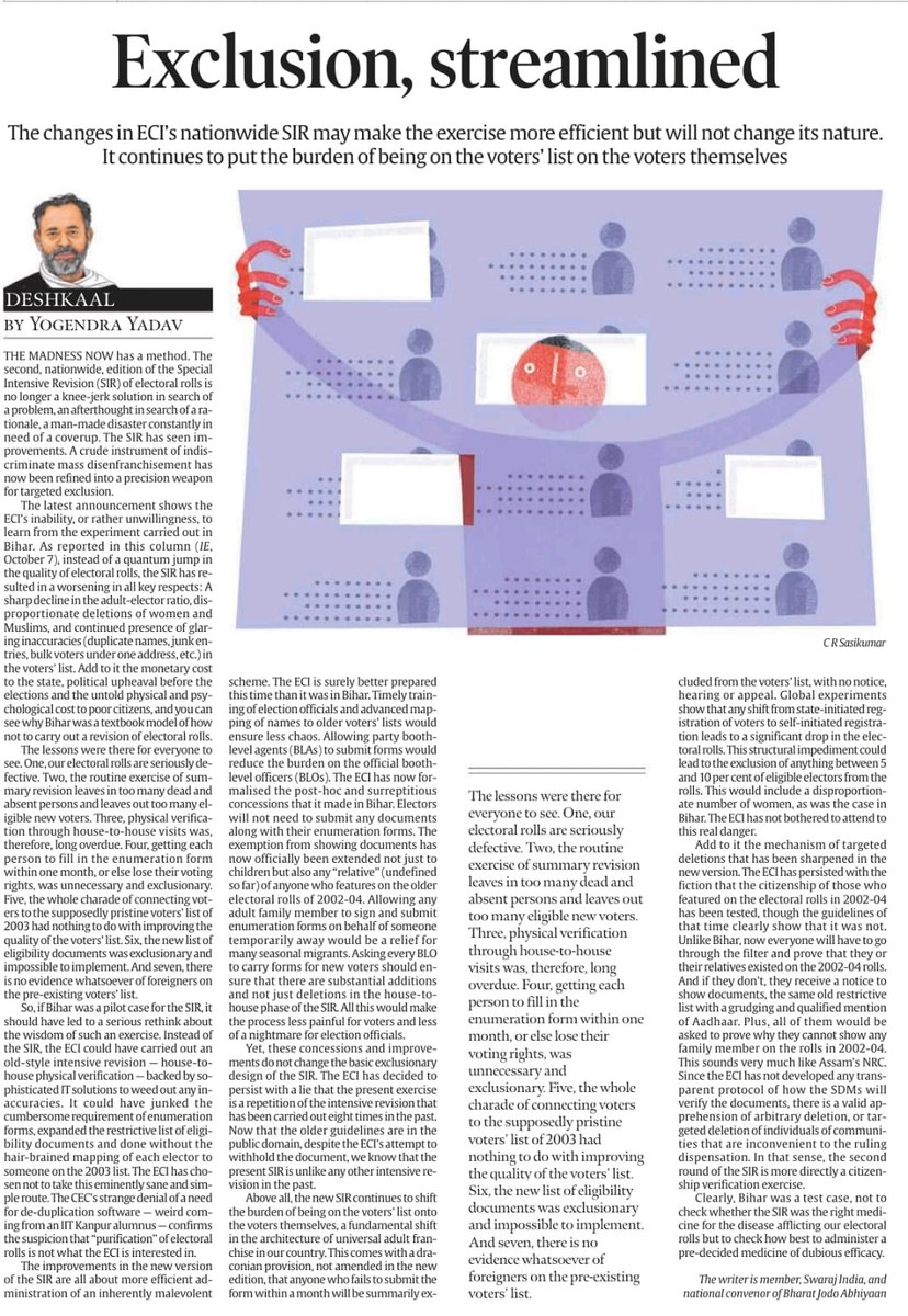 Rajmalhotrachd's tweet photo. ⚡ INTRODUCTION — “Between Moral Idealism and Administrative Realism” ⚖️
#DemocracyInPractice #UPSCGS2 #PSIR
> “Democracy survives not by moral clarity alone but by institutional stamina.” — Pratap Bhanu Mehta @pbmehta
Yogendra Yadav’s @_YogendraYadav essay, though morally stirring, risks conflating bureaucratic design flaws with constitutional betrayal.
His alarm over the Election Commission of India’s (ECI) @ECISVEEP Special Intensive Revision (#SIR) highlights genuine exclusionary dangers, but his interpretation overlooks three counter-perspectives: state-capacity constraints, comparative global precedents, and the normative pluralism of democracy itself.