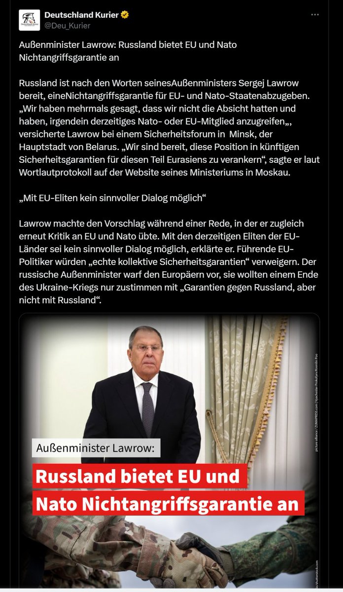 <a href="/Anne_Akinom_/">Anne Berlin #TaurusForUkraine!</a> <a href="/jw0365/">Jürgen Wörheide</a> Das Problem dabei ist, dass die, die genau auf diese Art spalten, das auch ganz genau wissen. Es ist deren Absicht, den Ast durchzusägen.

Und auch CCCP-Pulliträger Lawrow wird wieder gefeiert. Bei den Kommentaren dort kommt mir das Frühstück wieder hoch.