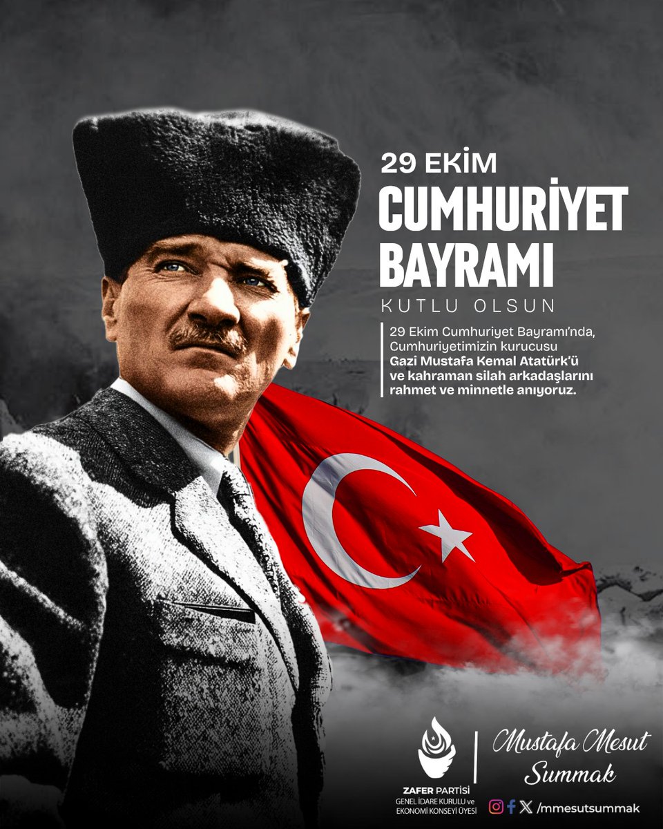 Cumhuriyetimizin ilanının 102. yıl dönümünü, milletçe büyük bir gurur ve coşkuyla kutluyoruz.
Gazi Mustafa Kemal Atatürk’ün “En büyük eserim” dediği Cumhuriyet, Türk milletinin özgürlük ve bağımsızlık iradesinin sembolüdür.

Cumhuriyet, sadece bir yönetim biçimi değil; aklın,