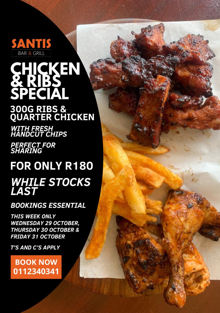 SantisBarGrill's tweet image. 🔥🍗 New Combo Deal! 🍖🔥

1/4 Chicken + 300g Ribs for R180 😋 Tender, saucy &amp;amp; perfect for lunch, dinner, or game time at Santis 🍺🍟

📍Wed 29– Fri 31 Oct | Eat-in only | Call 011 234 0351

#FoodSpecial #SantisBarAndGrill #ComboDeal #webchanges #santiswebchanges