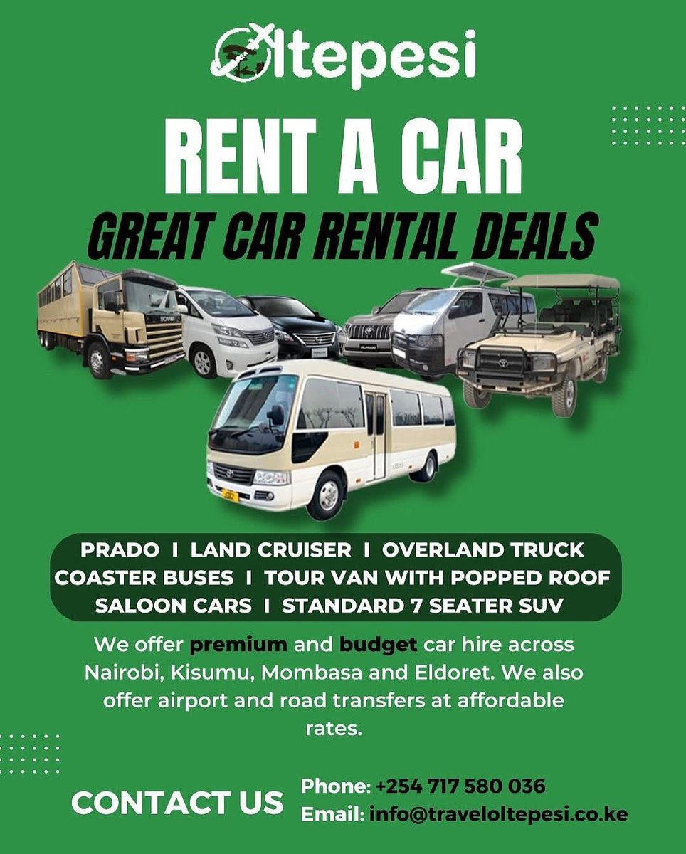 Car Rental Deals In Nairobi, Mombasa, Kisumu, Eldoret, Kakamega and now in Homabay!

Miss Understood Oburu Gold Cybercrime Tanzanians #MainaAndKingangi 

traveloltepesi.co.ke/car-hire/