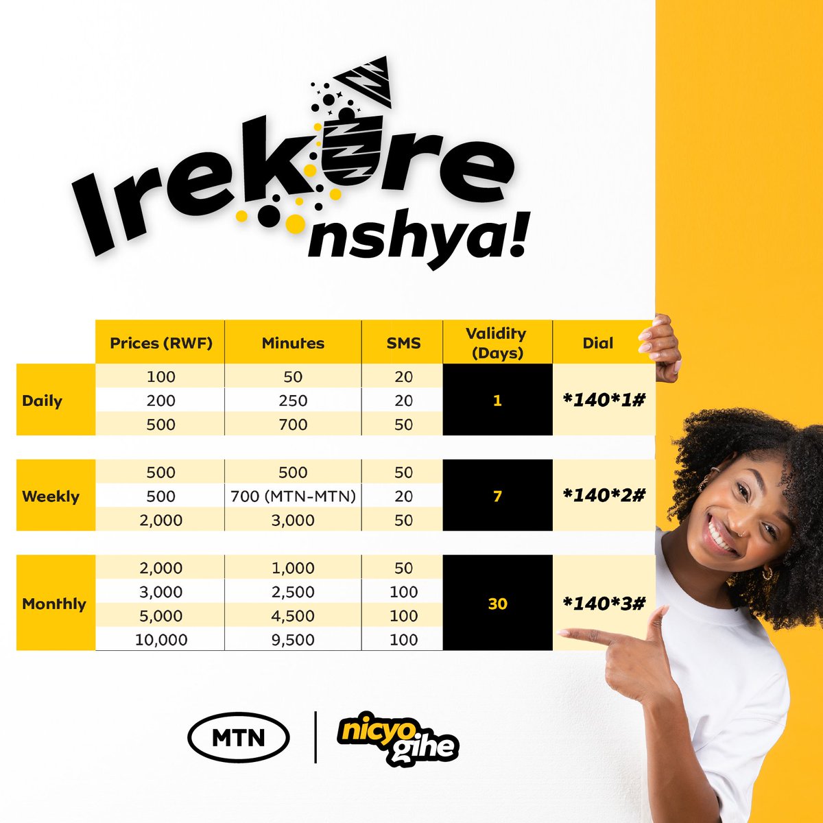 Inyarwandacom's tweet photo. #Irekure uvugisha umuvandimwe nta mpugenge! 🔥
Kanda *140*1# uhitemo pake ibigukorera yaba ari iy'umunsi, icyumweru, cyangwa ukwezi. #NicyoGihe https://t.co/ksFntFL7Ye
