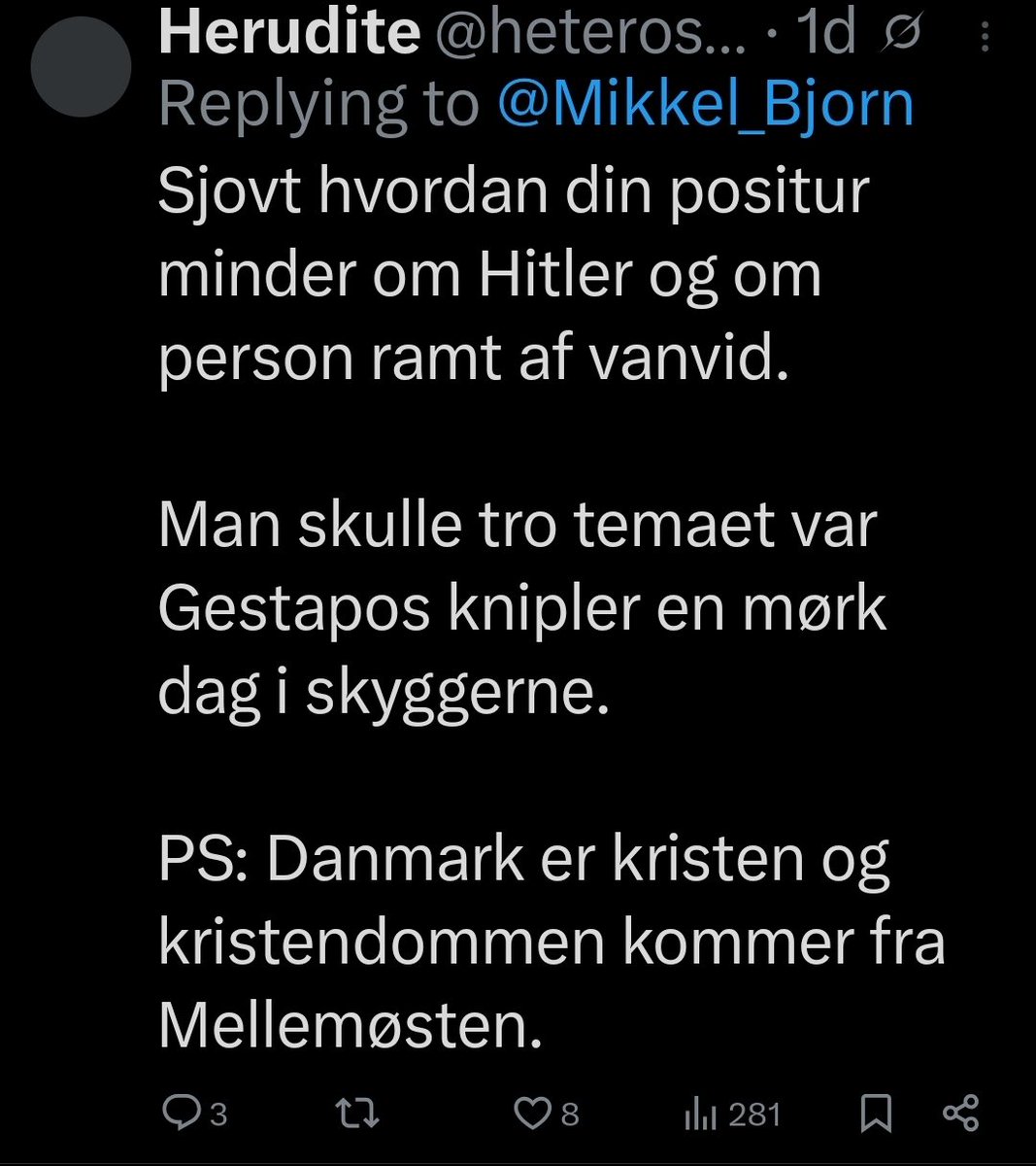 StormOverEuropa's tweet image. Case in point. De her typer vil sikkert benægte, at de ønsker Mikkel død, men de sammenligner ham med en person, der står som det største symbol på ondskab i det liberale samfund. Hvordan kan vold ikke være berettiget, hvis det kan afværge et nyt holocaust eller lignende?
De har…