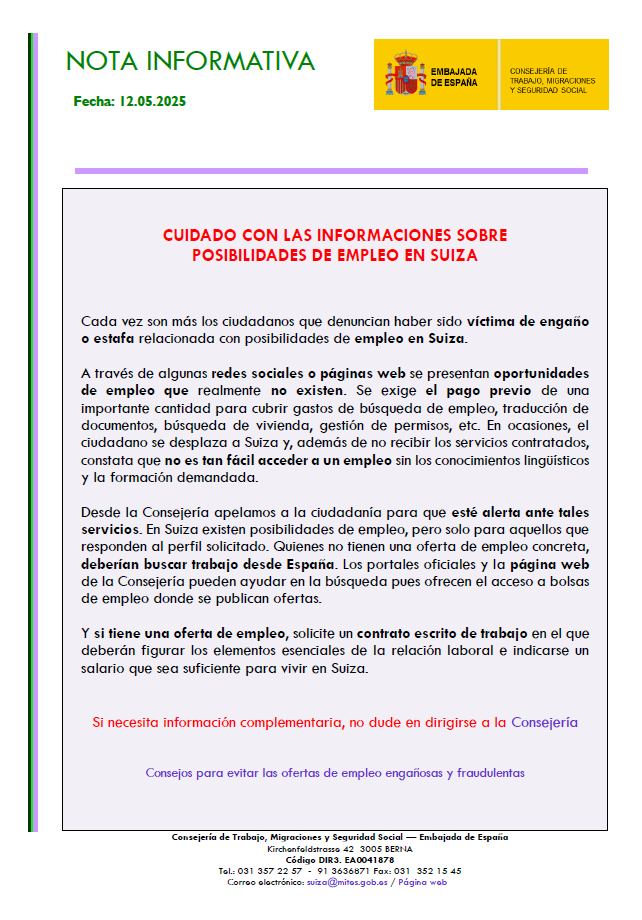 📢Nota informativa importante📢

⚠️Cuidado con las informaciones sobre posibilidades de empleo en Suiza🔍🇨🇭

ℹ️acortar.link/T6hDEX