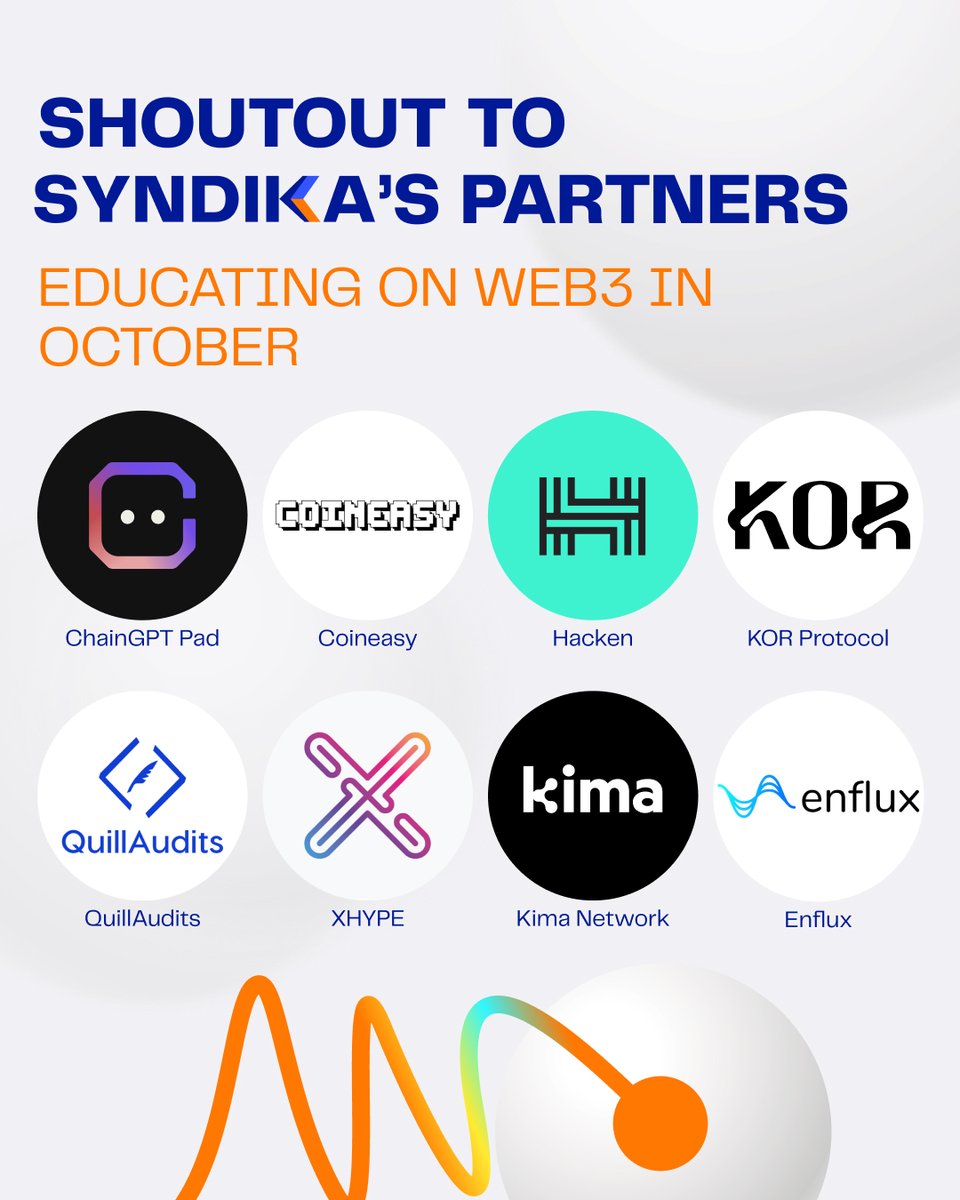 Syndika_co's tweet image. In October, these amazing ecosystem partners helped us spread knowledge on token security, IDOs, and protecting your crypto reputation 👇

@ChainGPT_Pad @enflux_io  @hackenclub, @Coiniseasy @KorProtocol  XHYPE @KimaNetwork  @QuillAudits_AI 

💪 Thanks to each partner for making…