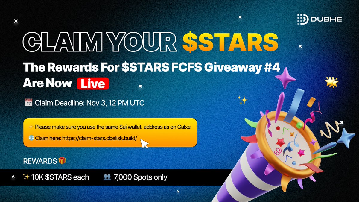 DubheEngine's tweet image. 🥳$STARS Claim is LIVE – FCFS #4!🎁
The $STARS FCFS Giveaway Round 4 on Galxe has officially ended. If you're among the first 7,000 participants, your rewards are waiting! ⏳ Claim them NOW before the deadline!
🔗 Claim here: claim-stars.obelisk.build
📅 Claim Deadline: Nov 3,…