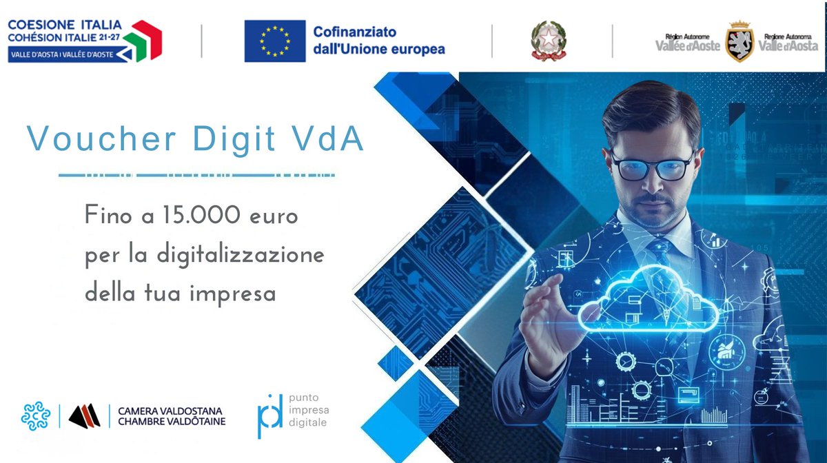🚀 La Chambre sostiene la #digitalizzazione delle imprese con il Voucher Digit VdA: fino a 15.000 € di contributo per innovare in chiave 5.0 e sostenibile. Per info ao.camcom.it/it/pid-punto-i… 

📅 Webinar 4/11 ore 10:30
🔗 Info e iscrizioni: forms.gle/vtkZmcyC7ccDgW…
#PID #FESR #VdA