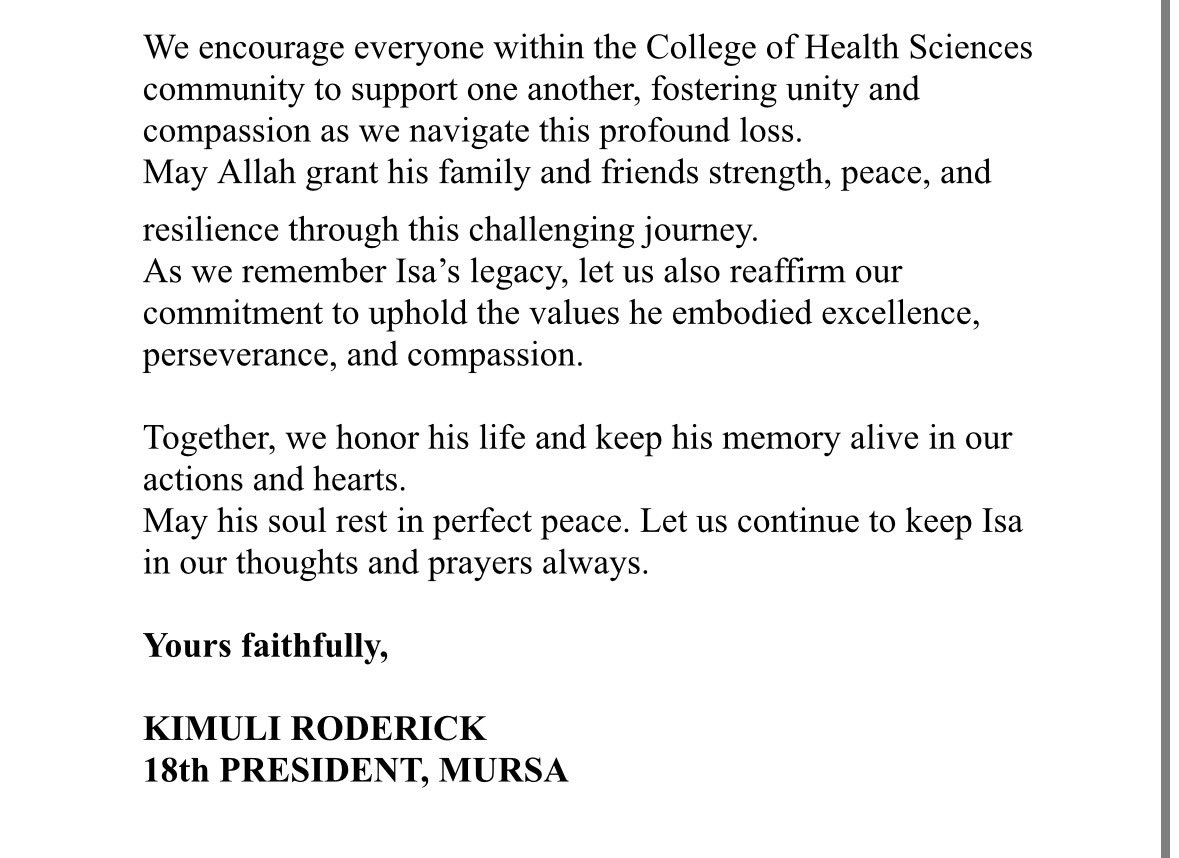 chsmursa's tweet image. Deeply saddened by the loss of Ssengozi Muhammad Isa, a promising Cytotechnology student. Our thoughts and prayers are with his family, friends, and the @MakerereCHS community. 
May his soul rest in eternal peace.