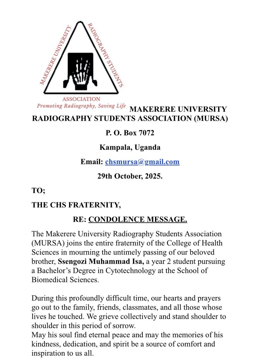 chsmursa's tweet image. Deeply saddened by the loss of Ssengozi Muhammad Isa, a promising Cytotechnology student. Our thoughts and prayers are with his family, friends, and the @MakerereCHS community. 
May his soul rest in eternal peace.
