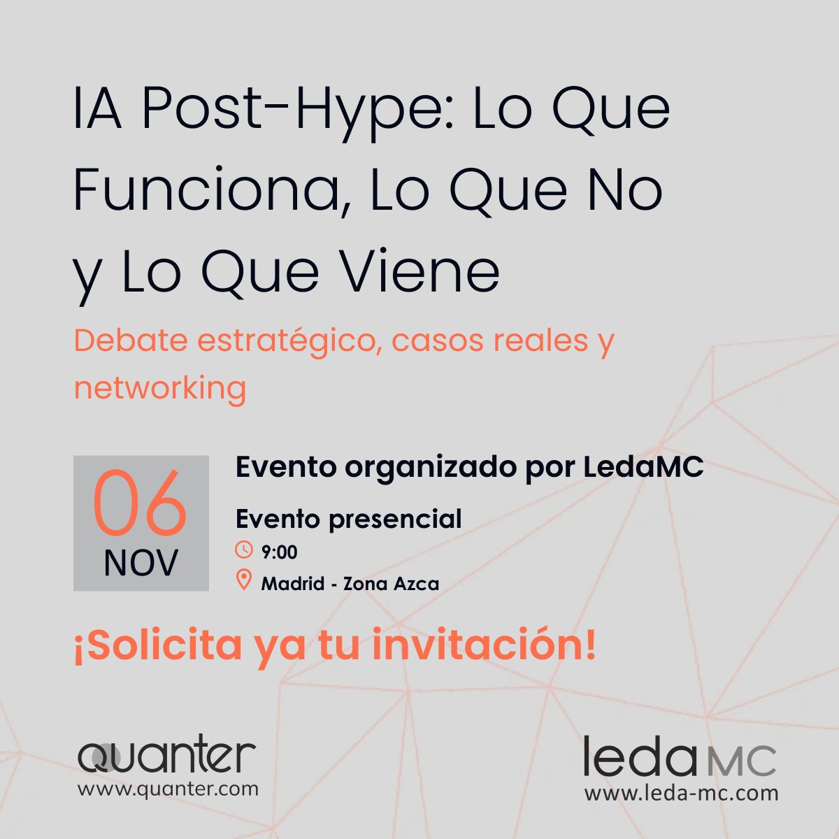 QuanterApp's tweet image. 💡 IA Post-Hype: Lo que funciona, lo que no y lo que viene 😎
El 6 de noviembre en Madrid, un encuentro exclusivo de LedaMC y Quanter con líderes que ya aplican IA real en sus empresas.

📍 Madrid | 🕘 9:00h

Solicita tu invitación 👉 tinyurl.com/3hmwmn9f

#IA #Tecnología