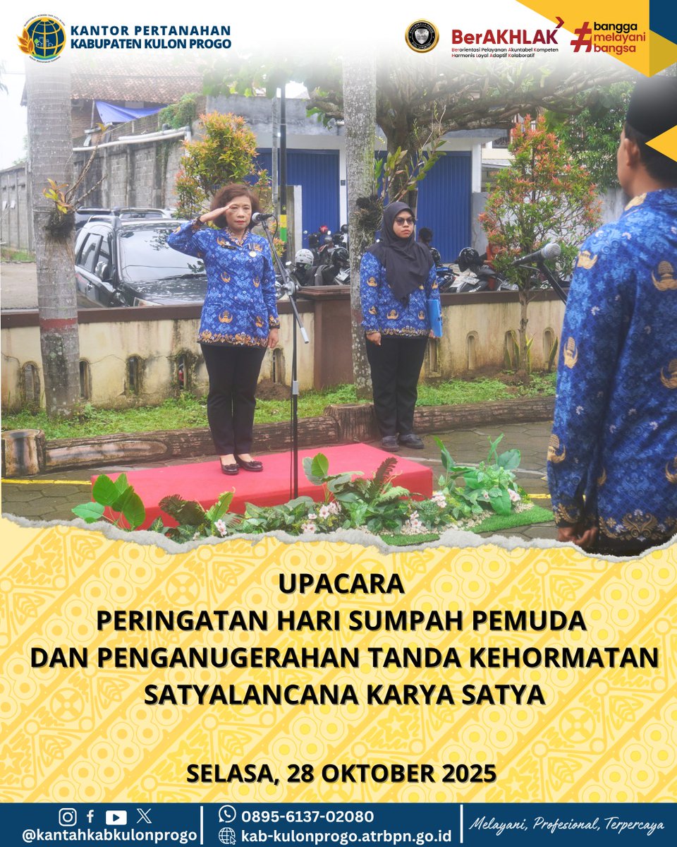 atr_bpnkprogo's tweet image. Halo #SobatATRBPNKulonProgo,

Selasa, 28 Oktober 2025

Kantor Pertanahan Kabupaten Kulon Progo melaksanakan upacara dalam rangka memperingati Hari Sumpah Pemuda ke - 97 di halaman Kantor Pertanahan Kabupaten Kulon Progo. 

#KantahKulonProgo
#KementerianATRBPN
#ATRBPNKiniLebihBaik
