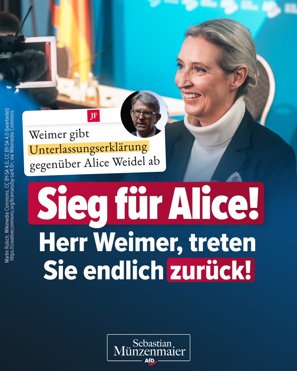 ‼️ Weimer-Rücktritt jetzt!

Die kleinlaute Abgabe einer Unterlassungserklärung der Weimer Media Group reicht nicht!
 
Der Fall muss politische Konsequenzen haben. Eine solch unredliche Person wie Weimer kann nicht Staatsminister für Kultur (!) bleiben!

TM