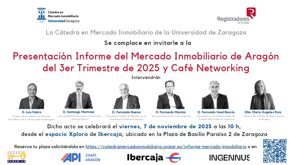 luisfabra_'s tweet photo. 📊 ¡Presentamos el Informe del Mercado Inmobiliario de Aragón – 3T 2025!
Un trimestre clave con posibles cambios de tendencia.
📅 7 nov | 🕙 10:00h
📍 Espacio Xplora Ibercaja (Zaragoza)

☕ Café networking incluido.
🔗 Inscripción en la invitación.
#MercadoInmobiliario #Aragón https://t.co/KCDaVy3zgk