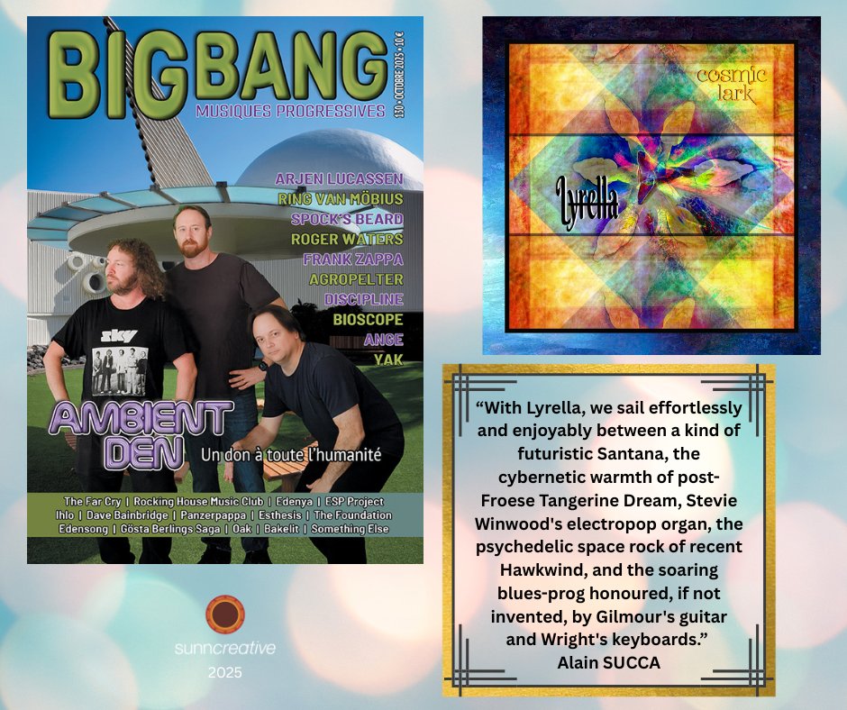 Thanks to Alain SUCCA/Big Bang Magazine for the fantastic review of Lyrella’s ‘Cosmic Lark’ “an instrumental album...a unique collaboration resulting in a kind of electro world music with rich rhythms in which tribal and oriental percussion play a prominent
