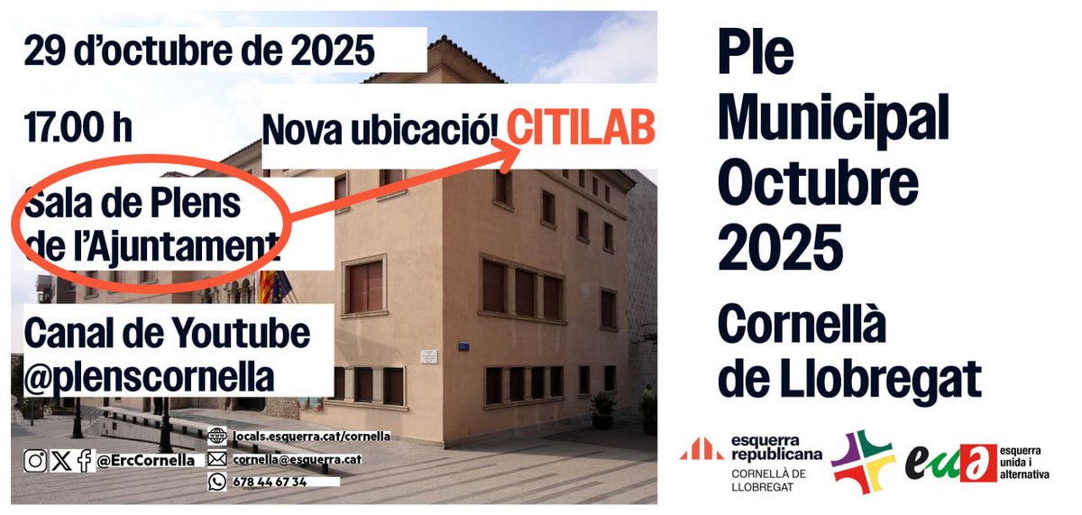 ‼️ Avui a les 17h #PleCornellà
🛑 CANVI D'UBICACIÓ 👉CITILAB.

Podeu assistir a la sessió de manera presencial o telemàticament connectant-vos al canal municipal de YouTube: youtube.com/@plenscornella