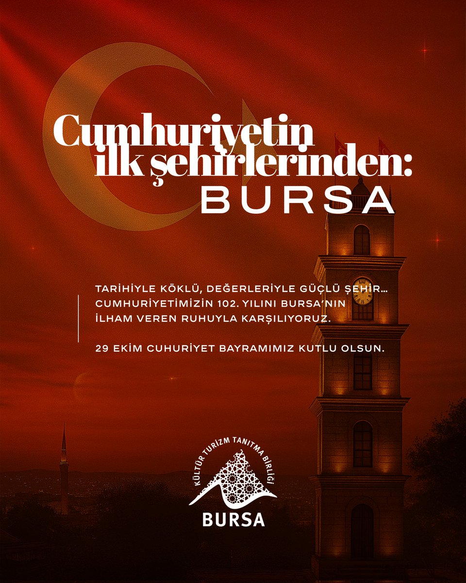 🇹🇷 Cumhuriyet, köklerinden aldığı güçle geleceğe yürüyen bir milletin adıdır.

Tarihiyle öncü, kültürüyle zengin, inancıyla güçlü şehir Bursa, Cumhuriyetimizin 102. yılını gururla kutluyor.

29 Ekim Cumhuriyet Bayramımız kutlu olsun.