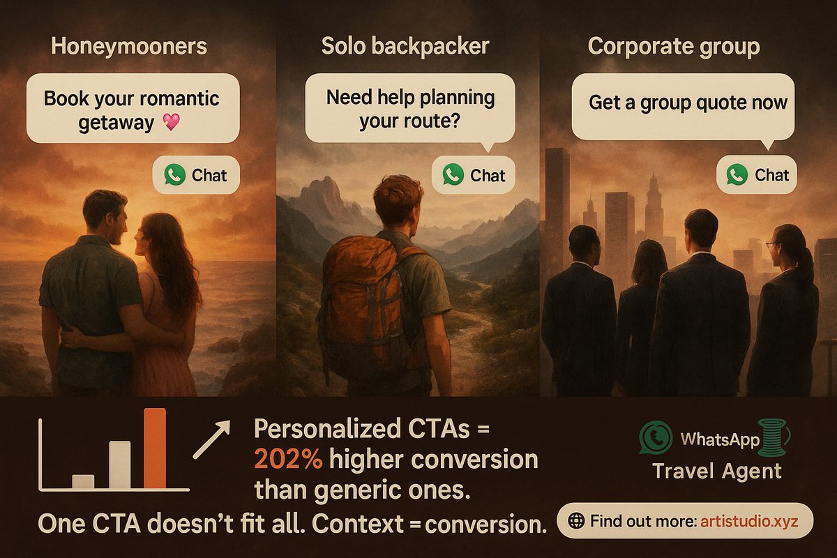 artistudioxyz's tweet image. [6/7] ❌ One-size-fits-all CTAs.
But honeymooners ≠ solo backpackers ≠ corporate groups.

✅ Use FAB triggers: — “Romantic getaway?” — “Need a group quote?”

🎯 Personalized CTAs = 202% better. Yes, really.

#FABUpdate #SmartUX #TravelMarketing #DynamicCTA