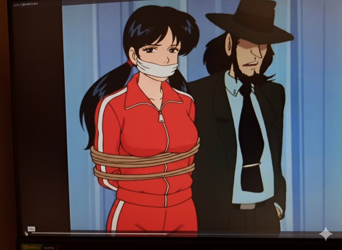 kintoresm's tweet photo. ルパン三世の変装する為の緊縛シーンは男性が基本なのでAIで女性に。下着姿だと拒否率が高いのでジャージ姿に。 https://t.co/EiTGmW4S0f