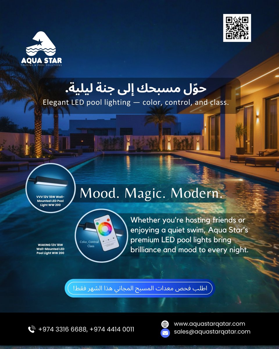 AquaStarQatar's tweet image. Transform your pool with Aqua Star Qatar’s LED lights  brilliance, color, and control in every glow.
📧 sales@aquastarqatar.com
🌐 aquastarqatar.com
📞+974 3316 6688 | +974 4414 0011

#AquaStarQatar #LEDPoolLights #LuxuryPools #SmartLighting #Qatar