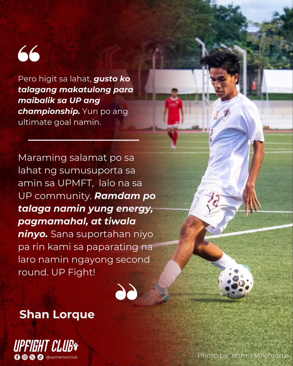 upmaroonclub's tweet photo. TWELFTH MAN ✊

It’s a long road ahead for the UPMFT, but far from a lonely one, as the UP community will be there to cheer them on every step of the way.

Check out their messages to the UP community, as well as some quotes from the first round recap article.

See you all on the pitch!

#UPFight ♥️💚✊🏻
#UAAPSeason88
