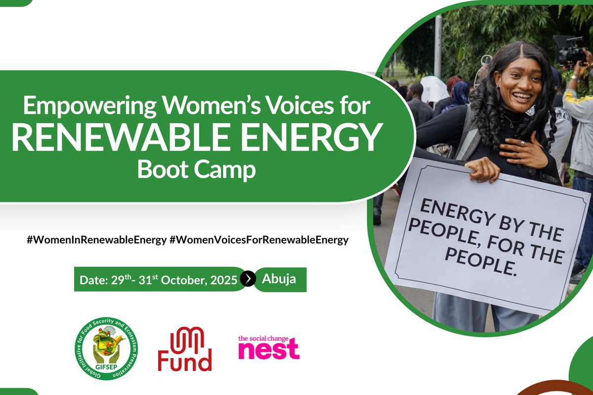 gifsep4climate's tweet photo. Starting today in #Abuja #Nigeria
Empowering Women Voices for Renewable Energy (Boot Camp).
Energy for the people, by the people.
#RenewableEnergy
#Solar
#ActWithGIFSEP
#COP30
Thanks to Umi Fund https://t.co/XRyfsDulVB