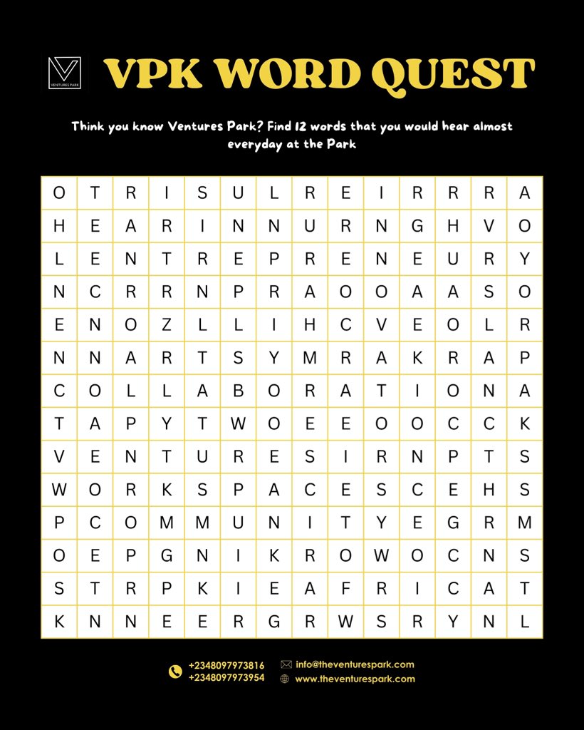A true VPK Tribe member can spot these words in no time. How many VPK words can you find?

#community #venturespark #coworking #abuja #abujacoworking #workfromhome #training #conference #trainingroom #conferenceroom