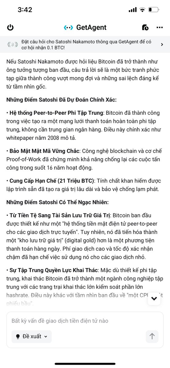 Nếu Satoshi còn ở đây, ông ấy sẽ nói gì với thế giới crypto hôm nay? 🤔

👉 Đăng ký Bitget tại đây để được hoàn phí 50% và nhận 200$ voucher Futures: partner.bitget.com/bg/79HoanPhi

Mình vừa thử GetAgent phiên bản Satoshi, và thật sự bất ngờ khi AI có thể “tái hiện”
