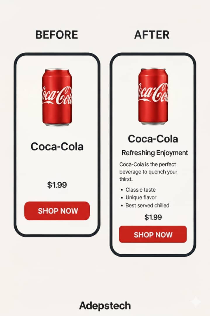 AdepsTech's tweet image. Design isn’t just about looks, it’s about clarity.

Here’s how the AFTER Coca-Cola version communicates better 

✅ Tells what’s being offered
✅ Supports it with a clear subheading
✅ Shows the benefit
✅ Ends with a CTA that converts

#UXDesign #BeforeAfter #CocaCola #Redesign