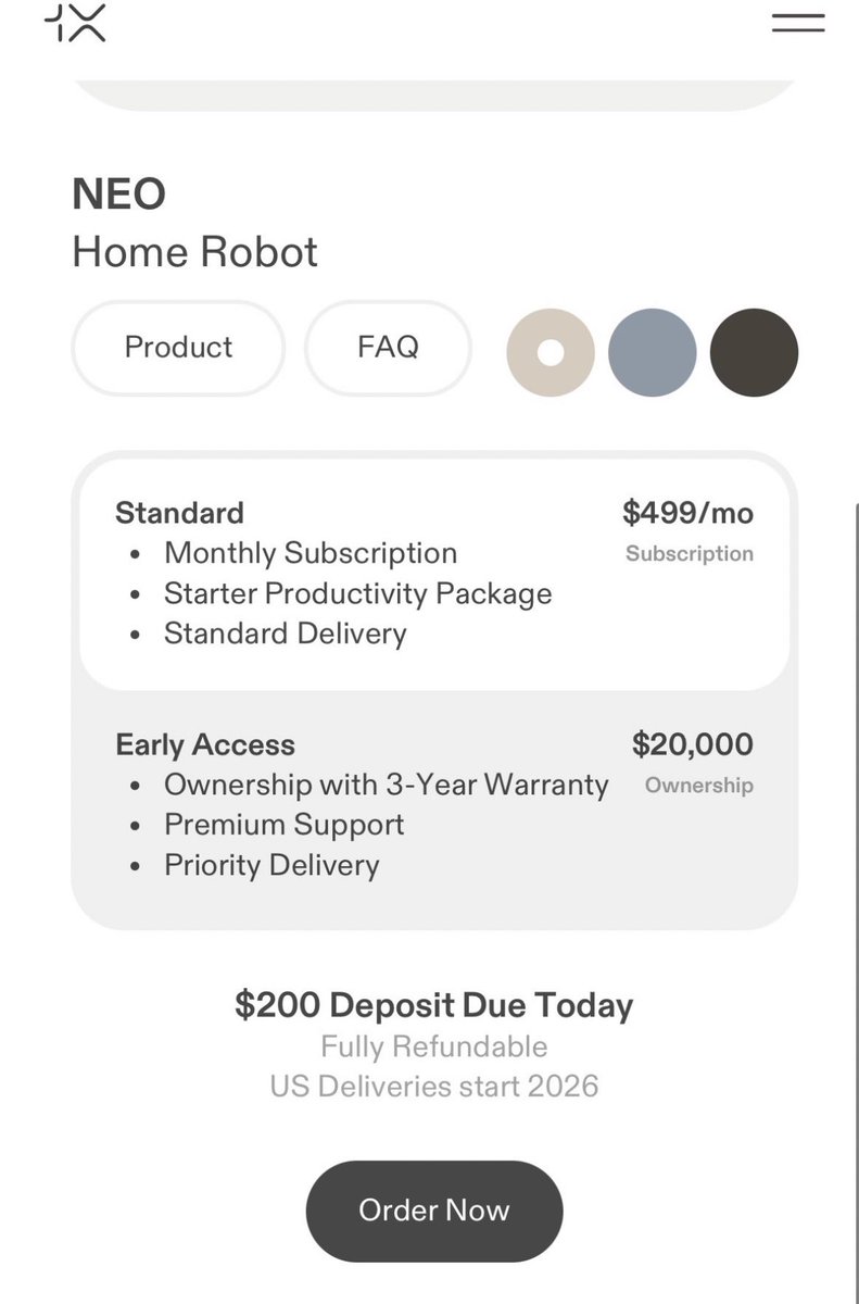 AbdullahMashat's tweet image. هنا المستقبل:

اكثر خبر متداول في سيلكون ڤالي

الروبوت المنزلي Neo من شركة X1 وهو نموذج Humanoid تجاري

شرائه يكلف 20,000$—75,000 الف ريال او اشتراك شهري 499$—1,871 ريال

طوله 167 سم ووزنه 30 كيلوغرام ومتوفر بثلاث ألوان  

الهدف انه ينفذ لك اعمالك اليومية المنزلية لتوفير وقتك
