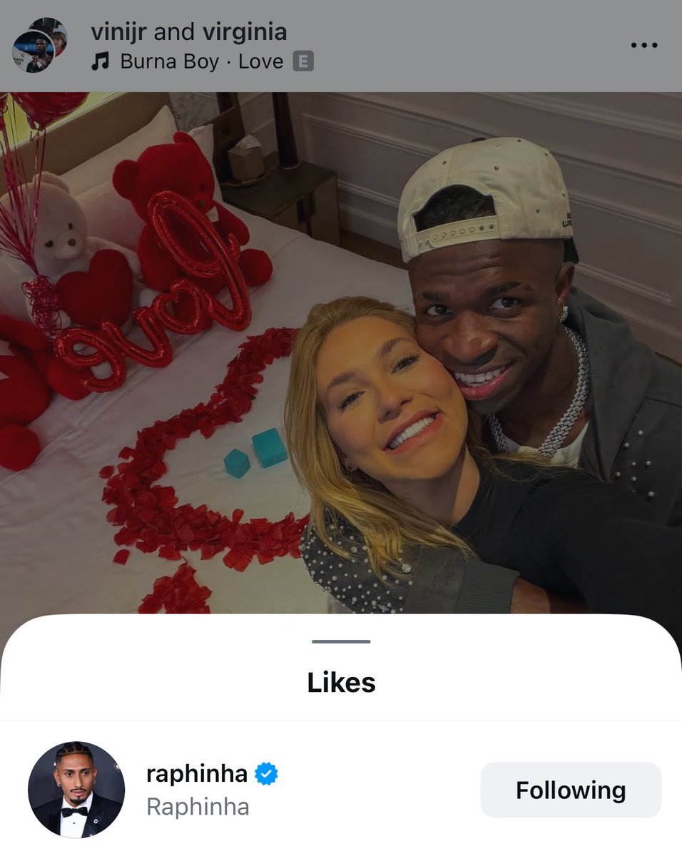 Raphinha likes Vini Jr.’s latest post with Virginia. 🇧🇷🇧🇷