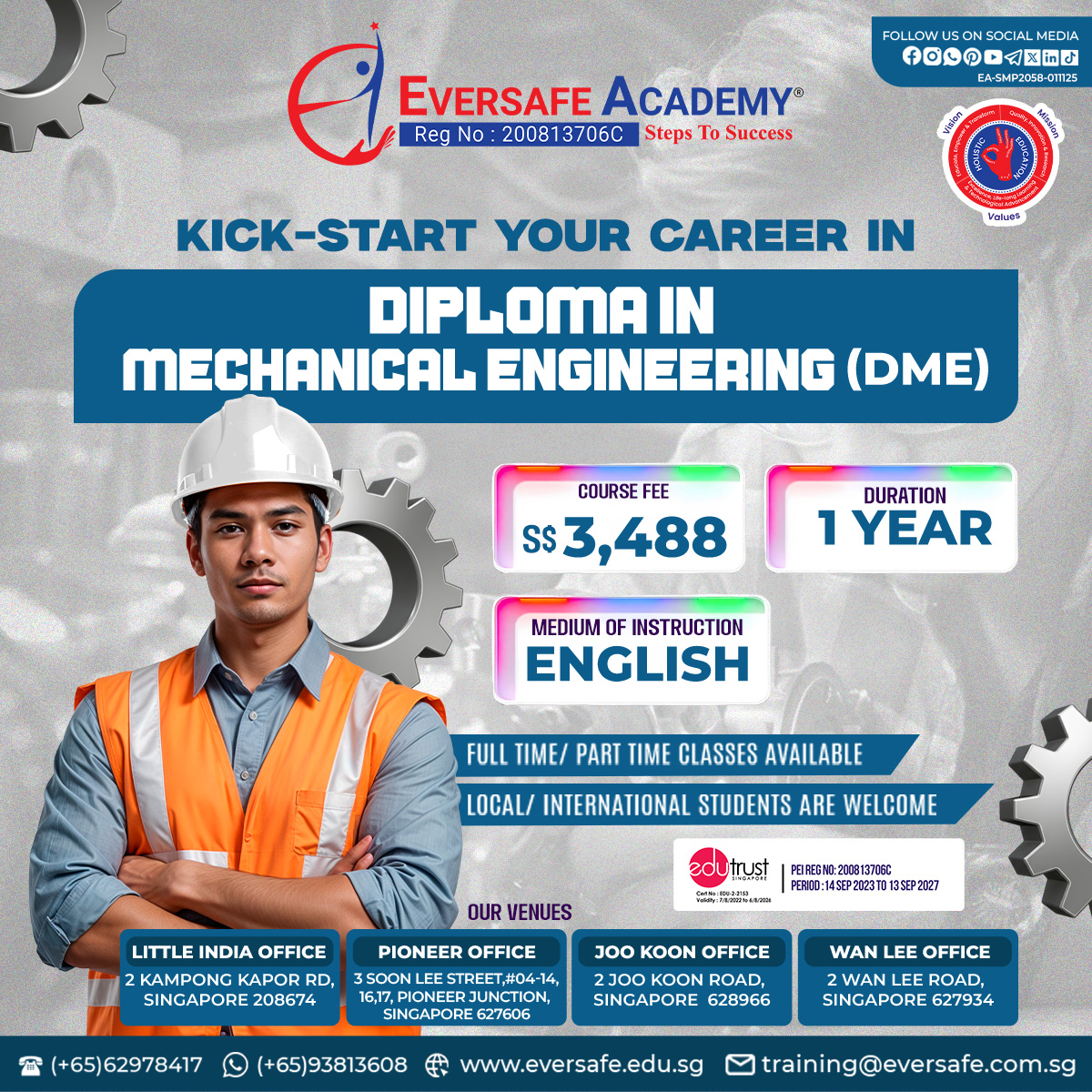 EversafeAcademy's tweet image. Kick-Start Your Career in Mechanical Engineering 🚀 |  EVERSAFE Academy® Singapore !
📲 WhatsApp: 📱 bit.ly/3JKmp0J
#DiplomaInMechanicalEngineering #DME #MechanicalEngineering #EngineeringCareer #TechSkills #FullTimeDiploma #PartTimeStudy #InternationalStudents