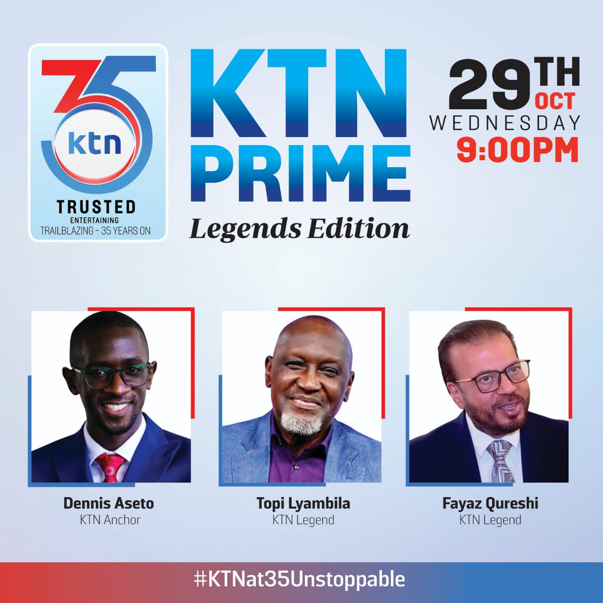 StandardKenya's tweet photo. The newsroom where legends were made…
They shaped the story now they return to tell it once more.
Join Dennis Aseto, Topi Lyambila and Fayaz Qureshi tonight for a special KTN Prime: Legends Edition.
🕘 Time: 9:00 PM
#KTNAt35 #KTNLegends https://t.co/J3PGibnb9V