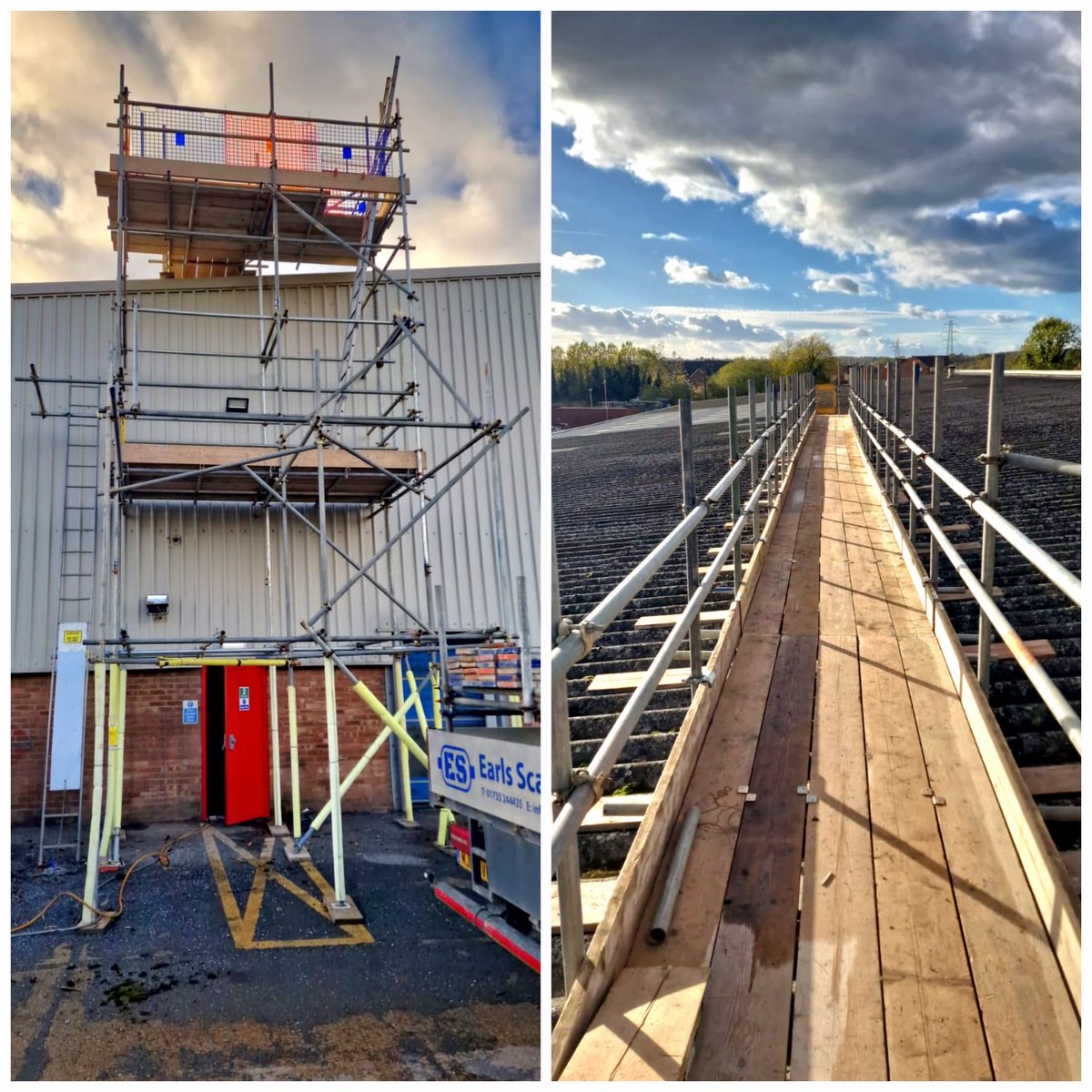 Another happy customer, access tower with walkway. For safe access to leaking roof. #earlsscaffolding #safetyfirst